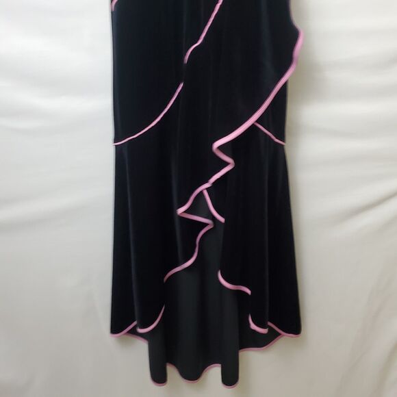 Vtg Betsy & Adam Halter Dress 6 Black Velvet Ruffle Maxi Pink Trim Whimsigoth - Picture 7 of 12